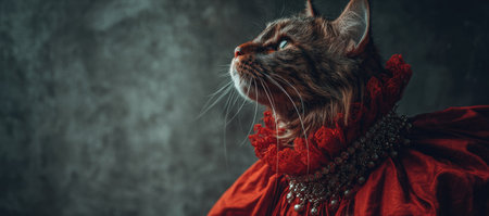 A cat is depicted wearing a vibrant red costume with an elaborate collar. The image showcases the animal's profile against a dark, textured backdrop. Soft lighting accentuates the textures of the fur and fabric. This image could be used for various commercial projects, including advertising or editorial content.の素材