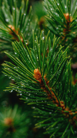 An overhead shot reveals a close-up of a vibrant green pine branch, its needles adorned with glistening water droplets. The natural texture and the play of light suggest an outdoor setting. This image could be suitable for various commercial or editorial applications related to nature and natural elements.の素材