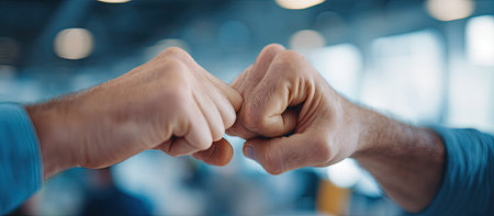 Two hands are seen touching knuckles in a close-up shot, showing a gesture of agreement. The image features warm skin tones against a blurred background with cool tones. The style appears contemporary, suggesting potential use in various business or editorial contexts related to collaboration and success.の素材