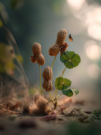 A detailed image displays a peanut plant with several pods and vibrant green leaves. The composition highlights the plant against a softly blurred backdrop, suggesting an outdoor environment. This photograph could be useful for educational materials, food-related publications, or natural science articles without specific branding.の素材