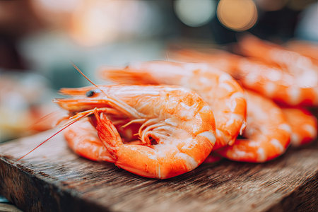 This image showcases a pile of cooked shrimp, featuring vibrant orange hues and textured shells. The composition highlights the seafood against a blurred background, suggesting an outdoor setting or shallow depth of field. This photo is suitable for culinary, food-related, or editorial purposes.の素材