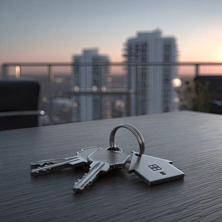 A close-up shot presents a set of keys resting on a dark wooden table. The keys are detailed, with a house-shaped key tag. In the blurred background, a cityscape with tall buildings is visible against a sunset sky. The scene is lit with warm colors. This image could be used for various commercial purposes related to real estate.の素材