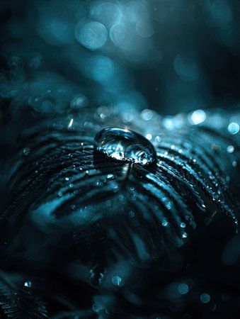 A close-up photograph displays a water droplet resting on a textured surface. The image highlights shades of blue and black. Bokeh lights create a soft, blurred background. It could be suitable for visual content in various creative projects, including editorial design.の素材