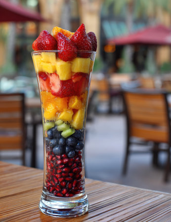 A vibrant fruit salad arrangement is presented in a tall glass, showing layers of fresh fruits. The image exhibits a variety of bright colors and textures. The composition likely suggests a cafe or outdoor dining setting and is well-suited for commercial use. The focus is on the fruit display.の素材