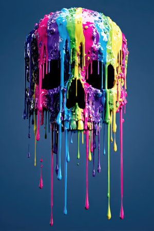An artistic representation features a skull covered in vibrant, dripping paint. The skull displays a rainbow of colors against a dark background, showcasing a creative and surreal effect. This illustration is suitable for various commercial uses, including graphic design and visual projects. It could also serve editorial purposes.の素材