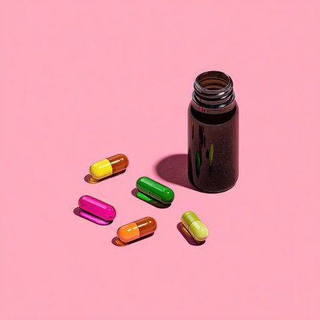 A close-up studio shot presents a dark bottle and several colorful pills scattered on a pink surface. The pills show various hues, and the lighting is overhead, casting soft shadows. This image could serve various purposes such as health-related editorial content or advertising. The composition suggests simplicity and minimalism.の素材