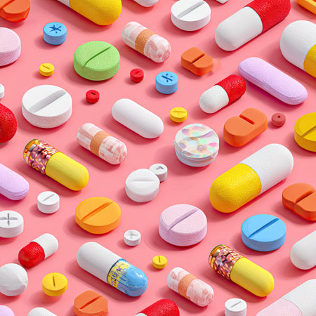 An overhead shot reveals an assortment of colorful pills and capsules scattered across a pink background. The composition features various shapes and sizes, with a range of vibrant hues. This image's clean aesthetic and design could suit applications related to health, pharmaceuticals, or medical education and promotional content.の素材