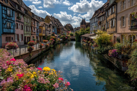 A picturesque scene features vibrant buildings lining a tranquil river. The image displays a diverse palette of colors, with flowers adding a vivid touch. The composition is balanced, and the natural lighting creates a pleasing ambiance. This image can be used for various projects.の素材