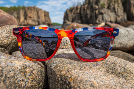 A vibrant pair of sunglasses with a red and blue design rests on a weathered rock. The sunglasses reflect the surrounding environment, which includes rocks, water, and blue sky. The composition features strong lighting and depth, suitable for a variety of visual projects.の素材