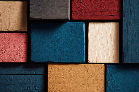 A close-up showcases vibrant wooden blocks arranged in a geometric pattern. The blocks display varied colors and textures, with visible wood grain and painted surfaces. The composition highlights a variety of shades, textures and patterns, suitable for abstract backdrops. This image would be ideal for use in design, illustration, and graphic elements.の素材