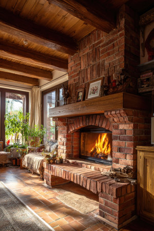 An inviting interior scene features a brick fireplace with a roaring fire, illuminating the surrounding space. The composition highlights a warm color palette with natural light filtering through the windows. The rustic wooden beams and tiled flooring create a sense of comfort suitable for various editorial and commercial applications.の素材
