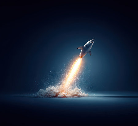 A digital illustration showcases a rocket ship soaring upwards, leaving a fiery contrail. The artwork utilizes a dark blue color palette with highlights emphasizing the illuminated exhaust and the ship's form. The composition suggests motion and advancement, suitable for various promotional or editorial projects.の素材