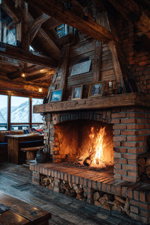 A warm fireplace, constructed of brick and wood, is the focal point within a wooden interior. The image showcases burning flames, creating a cozy atmosphere. The composition includes architectural details, natural light, and a suggestion of an inviting, enclosed space. Suitable for various applications, including editorial or commercial use.の素材