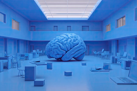 A striking visual features a large, blue brain sculpture prominently displayed in a modern office setting. The monochrome palette and architectural design create a surreal and contemplative atmosphere. The image is likely suited for use in editorial content or promotional materials related to cognitive function, innovation, or conceptual design.の素材