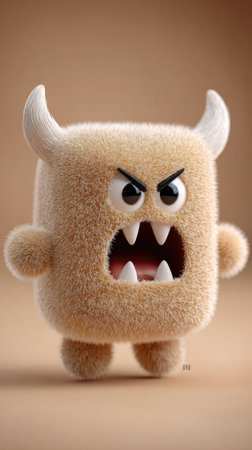 A fluffy, cartoon creature with horns and an open mouth showcasing teeth. The character has small arms and legs, rendered in a soft, textured style. The color palette primarily features warm beige tones against a muted background. Suitable for various creative projects, including illustrations and designs.の素材