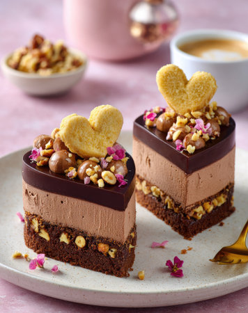 Two heart-shaped chocolate cakes sit on a white plate, topped with nuts and a cookie. The cakes exhibit layers of brown and beige textures, complemented by scattered pink flower petals. The image shows a light and airy composition, hinting at a cafe or dessert setting, suitable for culinary or promotional purposes.の素材