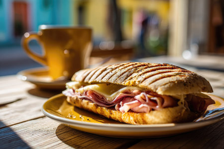 A close-up captures a grilled sandwich on a plate with a coffee cup in the background. The sandwich displays layers of meat and cheese. The scene is bathed in sunlight, highlighting the textures of the food and the wooden table's surface. Suitable for culinary, lifestyle, or food-related publications or advertising.の素材
