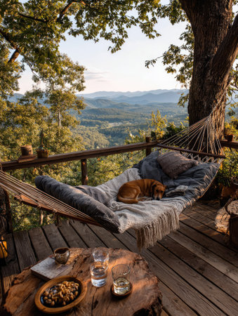 A dog rests peacefully in a hammock situated on a wooden deck. The scene displays warm colors and natural textures, with a focus on relaxation and tranquility. Overhead sunlight enhances the natural setting. The image could be used for lifestyle, travel, or leisure-themed commercial projects.の素材