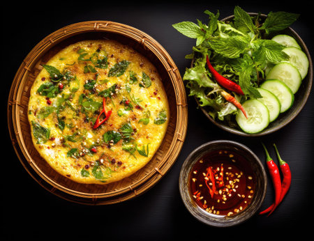 A close-up shot showcases a yellow savory pancake, garnished with herbs and chili flakes, served alongside fresh vegetables and dipping sauce. The composition highlights the vibrant colors and textures of the food. Suitable for culinary, food-related, or editorial use, it provides a visually appealing image.の素材