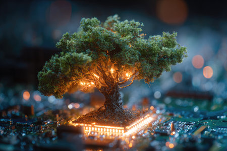 An illuminated tree grows atop a circuit board in this conceptual image. The composition features vibrant green foliage contrasted against a glowing, intricate electronic base. The lighting suggests an indoor setting, possibly symbolic of technology's connection to the natural world. This image could be suitable for various commercial or educational projects.の素材