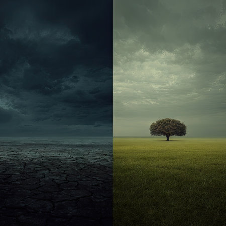 This split-screen image contrasts a stormy sky and a dry, cracked earth with a lush, green field under a calmer sky. A lone tree stands in the center of the field. The composition uses dramatic lighting and color to evoke a sense of contrasting environments, potentially suitable for editorial and commercial applications.の素材