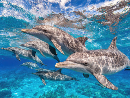 A group of dolphins swims gracefully beneath the clear blue ocean surface. Their sleek gray bodies are highlighted by the sunlight filtering through the water. The composition showcases the dolphins' movement and marine environment. Suitable for educational materials, nature documentaries, or artistic projects.の素材