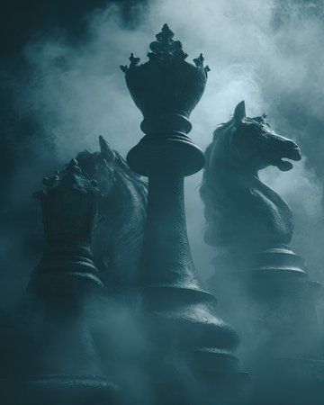 Three chess pieces stand out against a misty background. The king and two knights are silhouetted, exhibiting a dark, moody aesthetic. The image uses blue tones and soft lighting to create depth. This image is suitable for various commercial uses, including website design, advertising, and editorial content.の素材