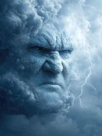 An illustration depicts a face formed by swirling clouds, creating a striking visual impact. The face features a stern expression, emphasized by detailed textures and cool blue tones. This artistic composition, enhanced by dynamic lighting, evokes a sense of power. Suitable for conceptual projects and editorial uses.の素材