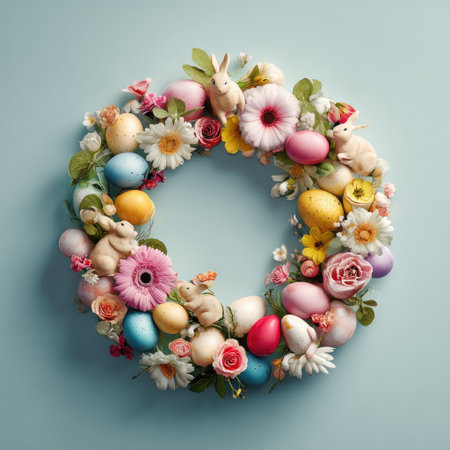 An overhead view presents a wreath composed of pastel-colored eggs, flowers, and bunny figures. The arrangement features various floral elements and is set against a solid, light background. This image could be suitable for decorative designs, seasonal promotions, or editorial content.の素材