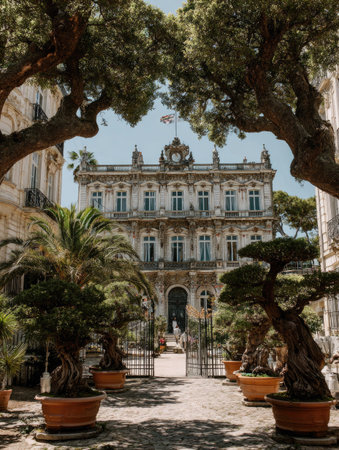 An exterior view showcases a classic building framed by lush trees and plants. The composition highlights the building's facade. Warm sunlight creates highlights and shadows. This image could be used for various commercial or editorial applications. The scene suggests a daytime environment.の素材