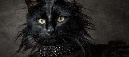 A close-up portrait showcases a sleek black cat with piercing yellow eyes. The feline has long fur and wears an elaborate collar. Soft studio lighting illuminates the subject against a dark backdrop. Suitable for various editorial and commercial applications.の素材