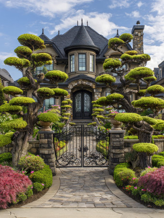 An opulent estate is showcased, featuring precisely sculpted trees, vibrant greenery, and an elaborate wrought-iron gate. The architecture presents a dark roof against a blue sky, while the composition is symmetrical. The image suggests potential use for luxury real estate, landscape design, or lifestyle publications.の素材
