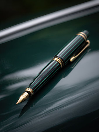 A close-up captures a luxury fountain pen, showcasing gold accents against a dark green backdrop. The pen is well-lit, highlighting its texture and design. This image could be used for illustrating articles about writing, stationery, or business communication. Its aesthetic appeal makes it suitable for promotional material.の素材