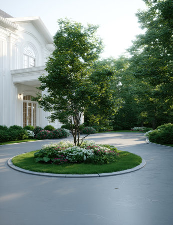 An image showcases a meticulously designed landscape featuring a central tree surrounded by greenery. The scene presents a white building with an arched entrance. The lighting is bright. The composition is likely suitable for architectural, real estate, or lifestyle editorial purposes.の素材