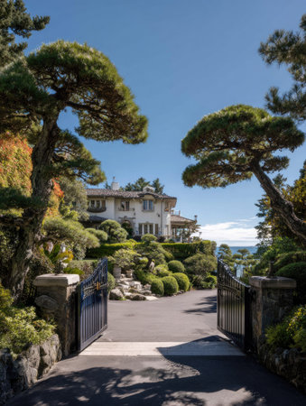 An open wrought iron gate welcomes viewers to a grand mansion. Manicured trees and shrubs flank the driveway leading to the house. The scene is bathed in natural daylight, with a clear blue sky overhead. This image could be suitable for architectural, travel, or lifestyle content.の素材
