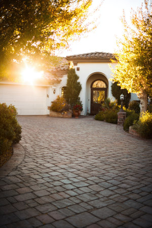 An inviting exterior view showcases a home with a patterned stone driveway leading to a front entrance. The scene is bathed in warm sunlight, emphasizing the beige stucco exterior and wooden door. Green foliage and manicured landscaping surround the structure. Suitable for architectural, real estate, or lifestyle editorial content.の素材