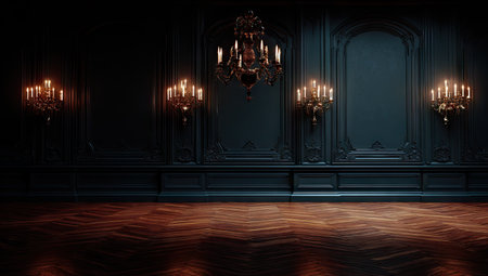 An interior shot features a dark paneled wall adorned with multiple ornate chandeliers. The warm glow of the lights contrasts with the dark surroundings, reflecting on the wooden floor. The composition suggests an opulent setting suitable for commercial use, offering potential for advertising or editorial content.の素材