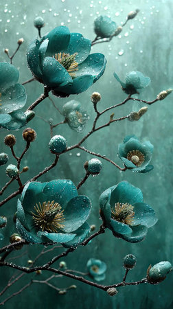 The image features vibrant teal-colored flowers in full bloom, arranged along delicate branches. The composition is set against a softly blurred backdrop, suggesting an ethereal or dreamlike setting. The overall style is artistic with a focus on color and texture, suitable for decorative use, print, or digital design.の素材