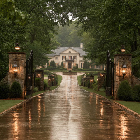 A grand estate is featured with a long, reflective driveway leading to a large house. The scene showcases a lush green environment, with a wet asphalt surface. The architectural details include columns, gates, and lighting fixtures. Suitable for projects related to property, luxury, and design.の素材