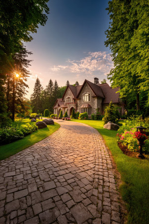 An inviting stone house is featured with a long, paved driveway leading towards the entrance. The scene showcases a well-maintained green landscape under a blue sky, creating a vibrant outdoor setting. The image uses natural sunlight and composition, lending itself to a variety of commercial and editorial applications.の素材