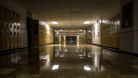 An interior shot features a long, empty school hallway. The scene shows rows of lockers and overhead lighting creating a symmetrical composition. Reflections on the polished floor and shadows add depth. Suitable for editorial use, the image conveys a sense of emptiness and stillness, possibly for themes of education or institutional environments.の素材