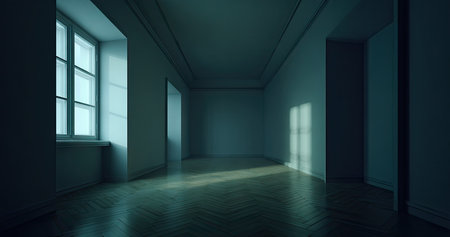 An interior shot showcases an empty hallway with architectural details. Sunlight filters through a window, casting shadows and illuminating the wooden floor. The composition highlights geometric shapes and contrasting light and dark areas. The image could be suitable for architecture, design, and conceptual projects.の素材