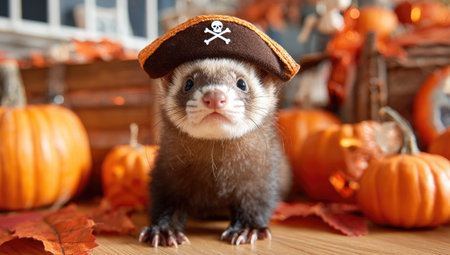 A ferret is the main subject, wearing a pirate hat, set against a backdrop of pumpkins and autumn leaves. The image presents warm orange hues, soft textures, and shallow depth of field, indicative of a staged indoor setting. Suitable for various editorial and commercial projects, the photo offers visual appeal.の素材