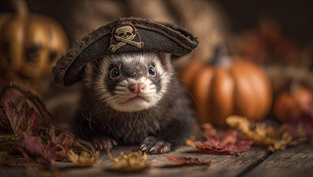 A ferret, adorned with a pirate hat, is the central focus. The image showcases a collection of pumpkins and vibrant autumn leaves. Warm lighting accentuates the scene's textures. Suitable for holiday projects, this image lends itself to various commercial and editorial applications.の素材