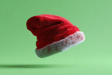 A fluffy red Santa hat with a white trim is presented against a bright green backdrop. The object is isolated, with even lighting and a clean, minimalist composition. This image could be used in various commercial applications, including seasonal advertising, holiday promotions, and festive design projects.の素材