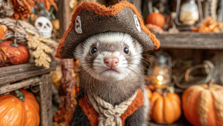 A ferret is the main subject, sporting a costume within a setting filled with pumpkins and autumn themed embellishments. The image showcases warm colors, a shallow depth of field, and natural lighting. This composition could be suitable for diverse editorial or commercial applications, including seasonal themes.の素材