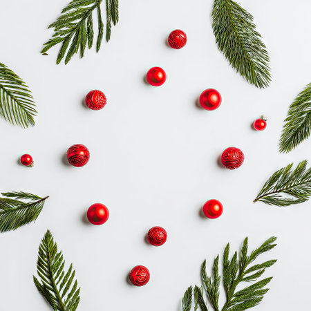 This image presents a symmetrical composition featuring bright red spherical ornaments and vibrant green leaves. The items are arranged against a clean white background, showcasing contrasting colors and textures. This visual offers a sense of freshness and elegance, suitable for various design applications including seasonal promotions or decorative elements.の素材