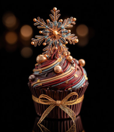 A beautifully decorated cupcake is the focal point, adorned with a snowflake ornament and a golden bow. Rich colors of red, brown, and gold create a festive atmosphere against a dark background. The composition highlights the intricate details and textures, suitable for celebratory or food-related commercial projects.の素材