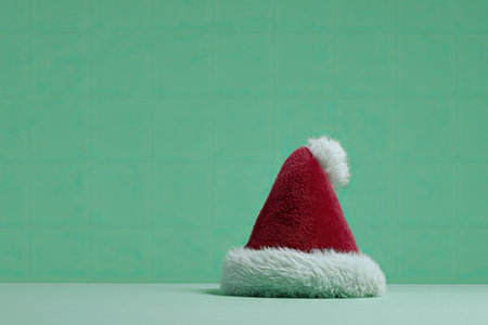 A vibrant red Santa hat, trimmed with soft white material, rests against a solid green background. The image features clean lines and a simple composition, with soft lighting enhancing the textures. This image could be suitable for holiday-themed advertising, greeting cards, or editorial content.の素材