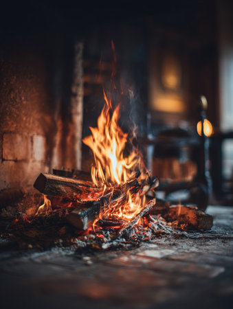 A close-up view presents a fireplace with burning wood logs emitting warm orange and yellow flames. The scene displays a rustic setting, with a blurry background suggesting an indoor environment. The image evokes feelings of comfort, and relaxation, suitable for commercial projects.の素材